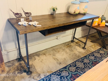 Load image into Gallery viewer, Handmade Industrial Desk, Dark Walnut Wood Top, Gas Pipe Steel Legs
