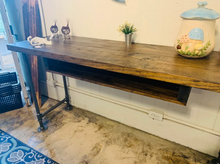 Load image into Gallery viewer, Handmade Industrial Desk, Dark Walnut Wood Top, Gas Pipe Steel Legs
