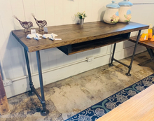 Load image into Gallery viewer, Handmade Industrial Desk, Dark Walnut Wood Top, Gas Pipe Steel Legs

