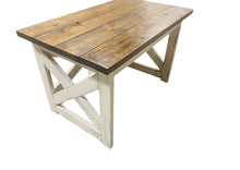 Load image into Gallery viewer, Rustic Farmhouse Desk: Dark Walnut Top, White Distressed Base, X Accents

