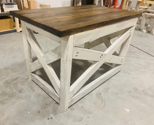 Load image into Gallery viewer, Rustic Farmhouse Desk: Dark Walnut Top, White Distressed Base, X Accents
