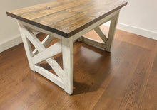 Load image into Gallery viewer, Rustic Farmhouse Desk: Dark Walnut Top, White Distressed Base, X Accents
