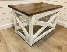 Load image into Gallery viewer, Rustic Farmhouse Desk: Dark Walnut Top, White Distressed Base, X Accents
