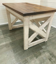 Load image into Gallery viewer, Rustic Farmhouse Desk: Dark Walnut Top, White Distressed Base, X Accents
