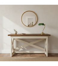 Load image into Gallery viewer, Rustic Farmhouse Desk: Dark Walnut Top, White Distressed Base, X Accents
