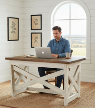 Load image into Gallery viewer, Rustic Farmhouse Desk: Dark Walnut Top, White Distressed Base, X Accents
