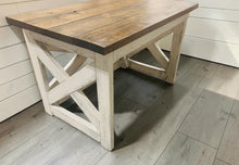 Load image into Gallery viewer, Rustic Farmhouse Desk: Dark Walnut Top, White Distressed Base, X Accents
