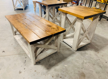Load image into Gallery viewer, Farmhouse Coffee Table and End Tables Set: Distressed White Base, Early American Top
