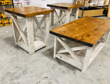 Load image into Gallery viewer, Farmhouse Coffee Table and End Tables Set: Distressed White Base, Early American Top
