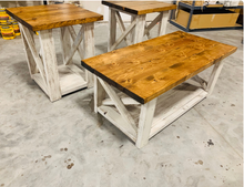 Load image into Gallery viewer, Farmhouse Coffee Table and End Tables Set: Distressed White Base, Early American Top
