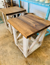 Load image into Gallery viewer, Rustic Farmhouse End Tables Set: Distressed White &amp; Provincial Brown, X-Base
