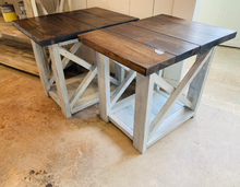 Load image into Gallery viewer, Rustic Farmhouse End Table Set: Dark Walnut Top, Distressed Base, X Brace
