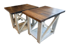 Load image into Gallery viewer, Rustic Farmhouse End Table Set: Dark Walnut Top, Distressed Base, X Brace
