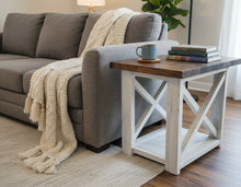Load image into Gallery viewer, Rustic Farmhouse End Table Set: Dark Walnut Top, Distressed Base, X Brace
