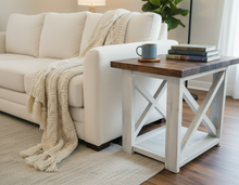 Load image into Gallery viewer, Rustic Farmhouse End Table Set: Dark Walnut Top, Distressed Base, X Brace
