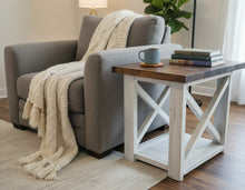 Load image into Gallery viewer, Rustic Farmhouse End Table Set: Dark Walnut Top, Distressed Base, X Brace
