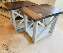 Load image into Gallery viewer, Rustic Farmhouse End Table Set: Dark Walnut Top, Distressed Base, X Brace

