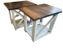 Load image into Gallery viewer, Rustic Farmhouse End Table Set: Dark Walnut Top, Distressed Base, X Brace
