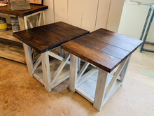 Load image into Gallery viewer, Rustic Farmhouse End Table Set: Dark Walnut Top, Distressed Base, X Brace
