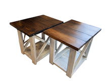 Load image into Gallery viewer, Rustic Farmhouse End Table Set: Dark Walnut Top, Distressed Base, X Brace
