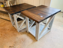 Load image into Gallery viewer, Rustic Farmhouse End Table Set: Dark Walnut Top, Distressed Base, X Brace
