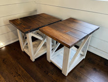 Load image into Gallery viewer, Rustic Farmhouse End Table Set: Dark Walnut Top, Distressed Base, X Brace
