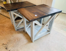 Load image into Gallery viewer, Rustic Farmhouse End Table Set: Dark Walnut Top, Distressed Base, X Brace
