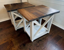 Load image into Gallery viewer, Rustic Farmhouse End Table Set: Dark Walnut Top, Distressed Base, X Brace
