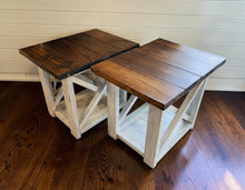 Load image into Gallery viewer, Rustic Farmhouse End Table Set: Dark Walnut Top, Distressed Base, X Brace
