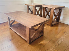 Load image into Gallery viewer, Farmhouse Coffee Table and End Tables Set: Rustic Provincial Brown Finish
