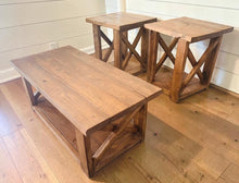 Load image into Gallery viewer, Farmhouse Coffee Table and End Tables Set: Rustic Provincial Brown Finish
