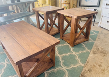 Load image into Gallery viewer, Farmhouse Coffee Table and End Tables Set: Rustic Provincial Brown Finish
