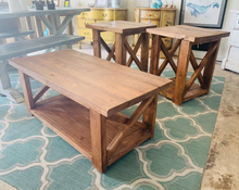 Load image into Gallery viewer, Farmhouse Coffee Table and End Tables Set: Rustic Provincial Brown Finish
