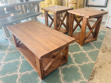 Load image into Gallery viewer, Farmhouse Coffee Table and End Tables Set: Rustic Provincial Brown Finish
