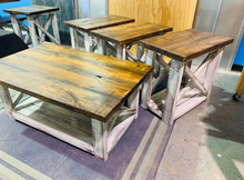 Load image into Gallery viewer, Farmhouse Coffee Table and End Tables Set: Distressed White Base, Provincial Top
