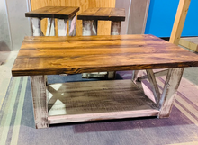 Load image into Gallery viewer, Farmhouse Coffee Table and End Tables Set: Distressed White Base, Provincial Top
