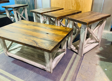 Load image into Gallery viewer, Farmhouse Coffee Table and End Tables Set: Distressed White Base, Provincial Top
