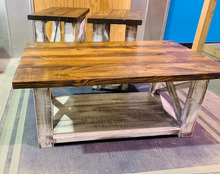 Load image into Gallery viewer, Farmhouse Coffee Table and End Tables Set: Distressed White Base, Provincial Top

