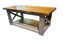 Load image into Gallery viewer, Rustic Farmhouse Coffee Table: Gray &amp; Provincial Brown, X Accent
