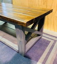 Load image into Gallery viewer, Rustic Farmhouse Coffee Table: Gray &amp; Provincial Brown, X Accent
