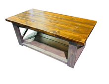 Load image into Gallery viewer, Rustic Farmhouse Coffee Table: Gray &amp; Provincial Brown, X Accent
