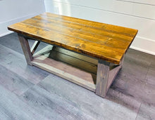 Load image into Gallery viewer, Rustic Farmhouse Coffee Table: Gray &amp; Provincial Brown, X Accent
