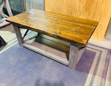 Load image into Gallery viewer, Rustic Farmhouse Coffee Table: Gray &amp; Provincial Brown, X Accent
