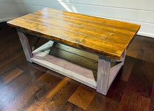 Load image into Gallery viewer, Rustic Farmhouse Coffee Table: Gray &amp; Provincial Brown, X Accent
