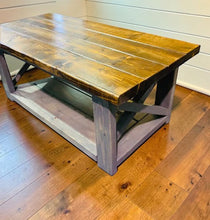 Load image into Gallery viewer, Rustic Farmhouse Coffee Table: Gray &amp; Provincial Brown, X Accent

