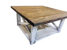 Load image into Gallery viewer, Farmhouse Square Coffee Table: Espresso Brown Top, Distressed White Base
