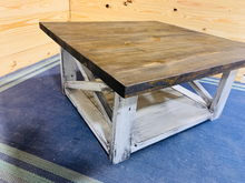 Load image into Gallery viewer, Farmhouse Square Coffee Table: Espresso Brown Top, Distressed White Base
