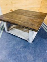 Load image into Gallery viewer, Farmhouse Square Coffee Table: Espresso Brown Top, Distressed White Base
