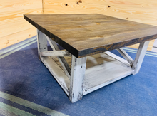 Load image into Gallery viewer, Farmhouse Square Coffee Table: Espresso Brown Top, Distressed White Base

