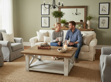 Load image into Gallery viewer, Farmhouse Square Coffee Table: Espresso Brown Top, Distressed White Base
